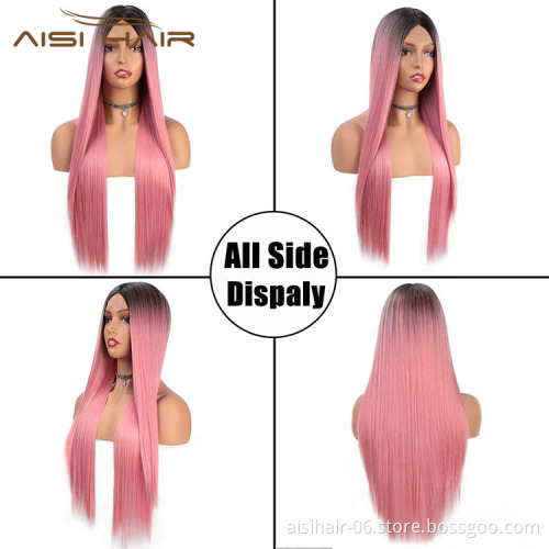 Aisi Hair Hotselling Party Wholesale Vendor Long Silky Straight Natural Wave Ombre Pink Wig For Black Women Synthetic Hair Wigs
